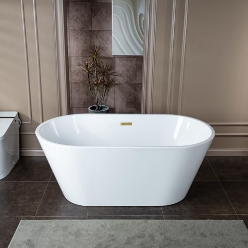 WOODBRIDGE 59" Freestanding White Acylic Soaking Bathtub with Brushed Gold Drai…