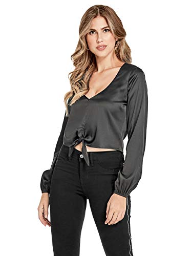 G by GUESS Women's Henley Tie-Front Blouse Jet Black