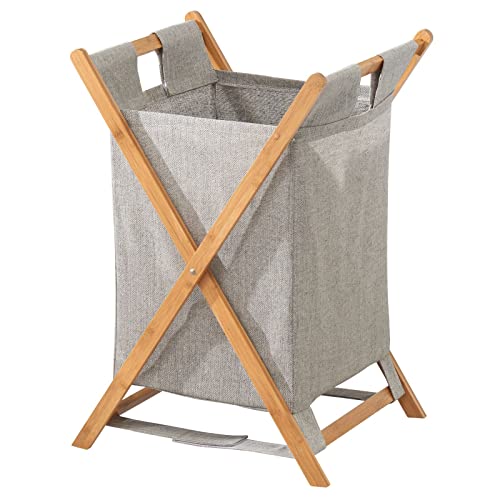 mDesign Bamboo Wood Laundry Hamper Sorter Cart, Portable and