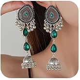 Missgrace Boho Indian Dainty Silver Dangle Circle Beads Teardrop Green Red Rhinestone Turquoise Earrings for Women Vintage Retro Chandelier Earrings Beaded Jhumka Jhumki Tassel Studs Traditional Gold Plated Earrings for Women