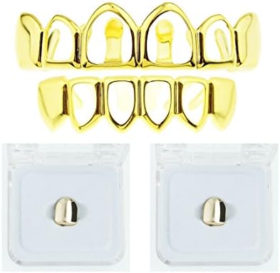 Gold Plated 4 Open Face HipHopBling Grillz Top & Bottom Set Teeth + 2 Single Tooth Cap