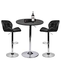 YOURLITE Pub Table Set 3 Piece 24 inch Black Wood Round Table with 2 Leatherette Chairs Height Adjustable Black Barstools