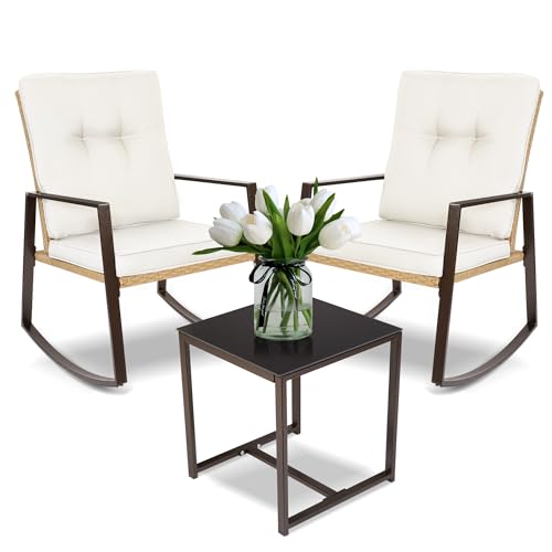 YIYAN 3 Pieces Patio Bistro Set Outdoor Rattan Wicker Rocking Chairs Set,Patio Outdoor Furniture Conversation Sets with Sofa Chairs,Glass Coffee Table and Washable Cushion (Light Beige)
