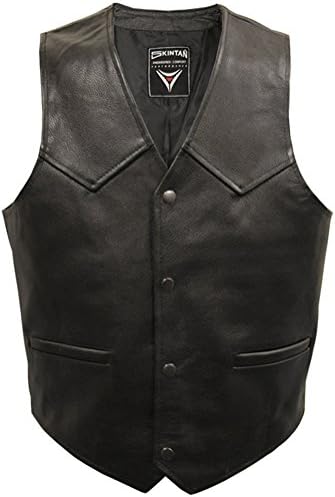 Mens Real Leather Plain Motorcycle Biker Waistcoat Vest in Black