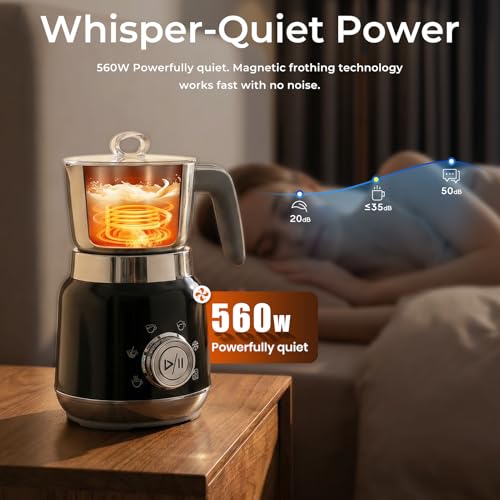 Yaskyly 6 in 1 Electric Milk Frother 560W 1L Cold Hot Foam Milk Warmer and Milk Warmer for Latte, Cappuccinos, Macchiato, Stainless Steel, Dishwasher Safe (Black)