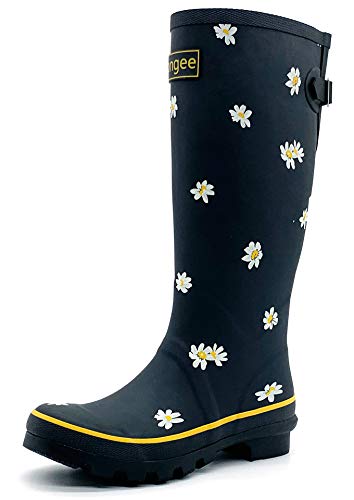 Rongee-Womens-Tall-Rubber-Rain-Boots-Daisy-Printed-with-Adjustable-Buckle-Dust-Bag-Packed