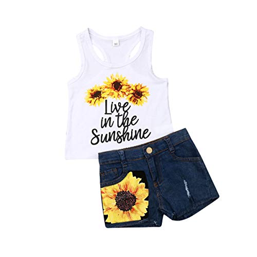 2Pcs/Set Fashion Toddler Kids Baby Girl T-Shirt Top+Floral Denim Shorts Pants Outfits (White+Denim, 1-2 Years)