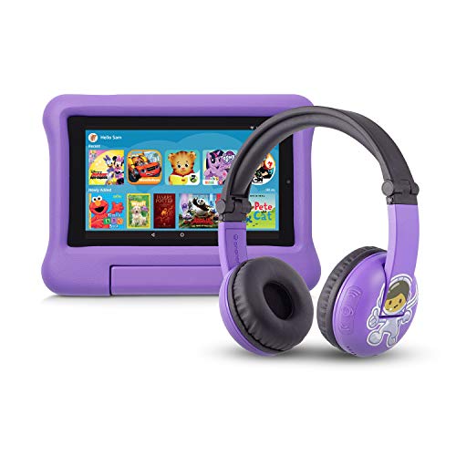 Fire 7 Kids Edition Tablet | 7″ Display, 16 GB, Purple Kid-Proof Case + Made for Amazon Bluetooth BuddyPhones, PlayTime in Purple – Ages (3-7)