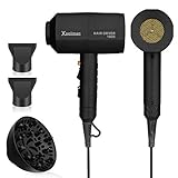 Xpoliman Hair Dryer, Negative Ionic Salon Hair Blow Dryer with Powerful Professional DC Motor, 2 Speed 3 Heat Setting, Cool Shot Button, Light Weight Low Noise,Long Life Styler Dryer with Nozzle-Black