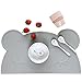 Kids Placemat - Eating with Sweet Bear, Silicone Placemat for Kids, Waterproof Baby Placemat, Portable Food Mat Travel Placemat for Toddler, Non Slip Silicone Placemat Easy Clean Reusable Mat Grey