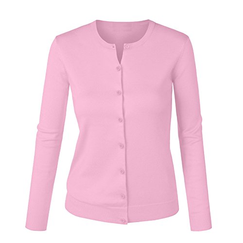 YAVOCOS Women's Crew Neck Soft Knit Button Down Long Sleeve Cardigan Sweater(Pink-Asia M=US 4)