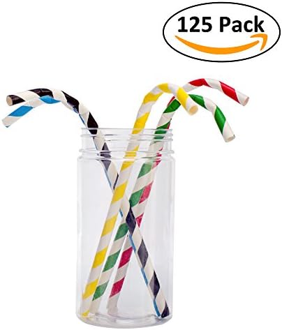 Bendy Paper Straw Pack of 125 Multi-Colored and 7.8" in Length, Biodegradable and Eco-Friendly; Striped Drinking Straw Good for Birthday Party, Event, Wedding, and Holiday by Kingdery USA