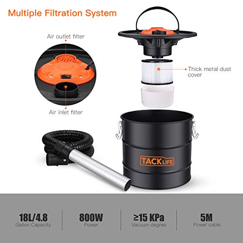 TACKLIFE Ash Vacuum with 5 Gallon Capacity and 800w Fireplace, Portable
