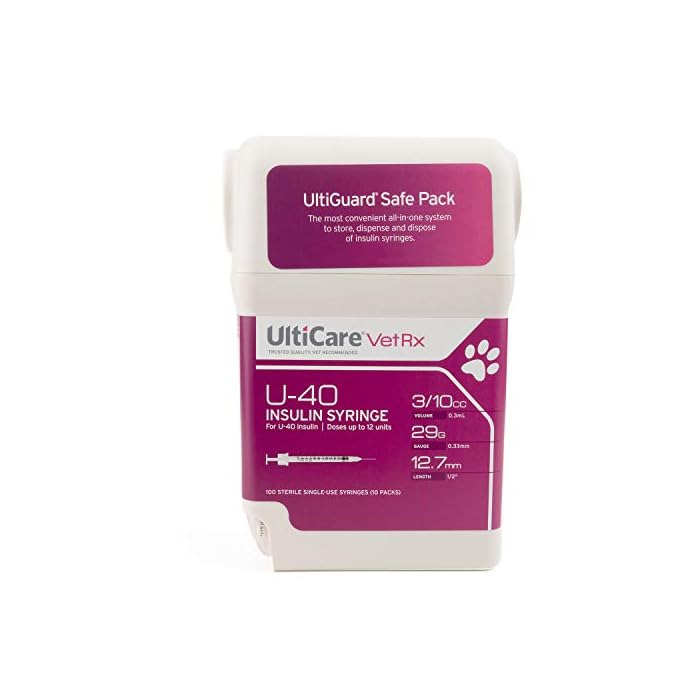 UltiCare VetRx U-40 UltiGuard Safe Pack Pet Insulin Syringes 3/10cc, 29G x 1/2", 100ct (W/o 1/2 Unit Markings)