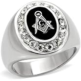 Eternal Sparkles Men's Textured Masonic Lodge Freemason Signet Nugget Ring in Hypoallergenic Silvertone Stainless Steel Ornate Statement Ring
