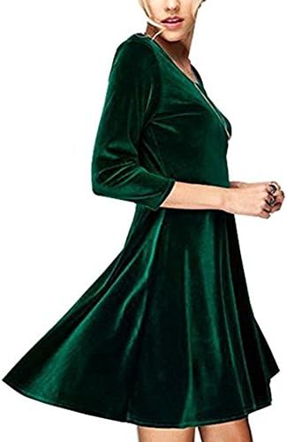 Women Slim Fit Velvet Half Sleeves Scoop Neck Midi Dress Flare Swing Dress (L, Deep Green)