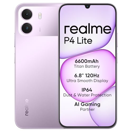 realme P4 Lite 4G Smartphone, 4 GB + 128 GB, HD-LCD-display 120 Hz 6,8 inch, titanium accu 6600 mAh, opladen 15 W, omgekeerd opladen 6 W, IP64, Next AI-systeem, pulse paars (zonder oplader)