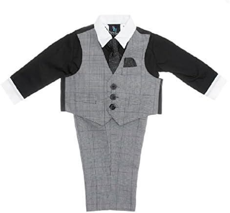 Young Kings Steve Harvey Baby Boys 4-Piece Vest Suit, Grey Plaid (6-9 Months)