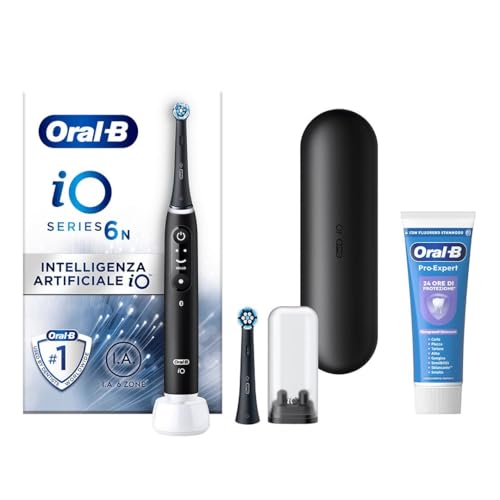 Oral-B iO 6 Spazzolino Elettrico, 2 Testine di Ricambio, Custodia, Nero - 2 Testine di Ricambio per Spazzolino Elettrico, Ricaricabile, Custodia da Viaggio + Dentifricio Pro-Expert Sbiancante Delicato