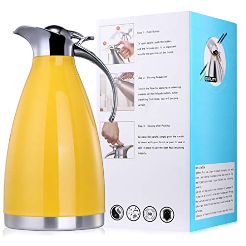 BonNoces 68 Oz Thermal Carafe/Coffee Carafe - 2L Stainless Steel Double Wall Vacuum Insulated Thermos Pot - Metal Lid and Handle, Food Grade Silicone (Yellow)