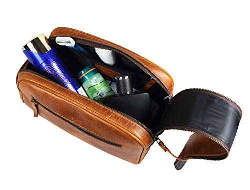 10" Premium Leather Toiletry Travel Pouch With Waterproof Lining | King-Size Handcrafted Vintage Dopp Kit By Aaron Leather Goods (Caramel - Dual Zipper)