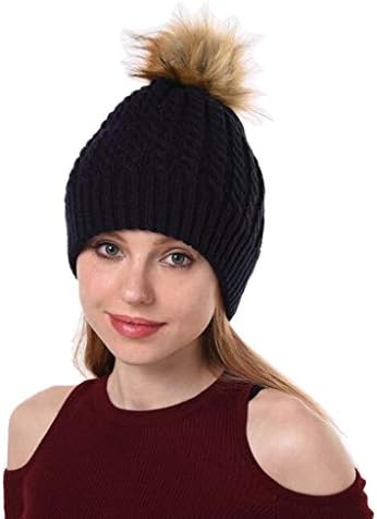 Fashion Women's Winter Color Matching Hair Ball Knit Hat Thick Double Warm Hat