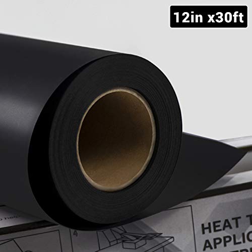 JANDJPACKAGING Black Heat Transfer Vinyl - Black HTV Vinyl Roll 12" x 30FT Black Iron on Vinyl