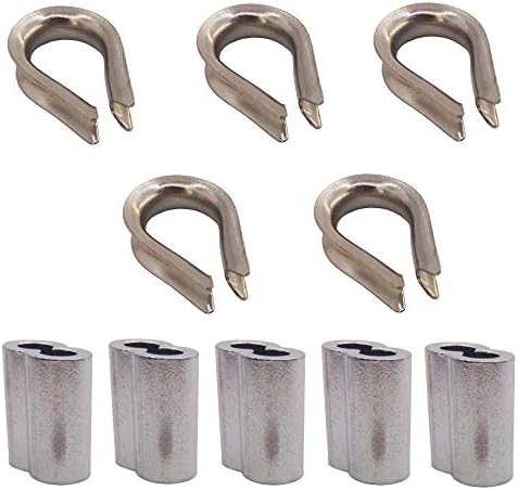 Evniset 5pcs 304 Stainless Steel Wire Rope Cable Thimbles Combo and 5pcs Aluminum Crimping Loop Sleeve for 1/8" Diameter Wire Rope and Cable