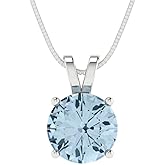 Clara Pucci 14K White Gold Plated Solitaire 18" Box-Chain Necklace - Sterling Silver 2ct Round Cut Aquamarine Pendant