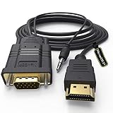 HDMI to VGA Cable Adapter with 3.5mm Audio Cord, NewBEP 1080P HD 6ft/1.8m Gold-Plated HDMI Male to VGA Male Active Video Converter Cord Support Notebook PC DVD Player Laptop TV Projector Monitor Etc