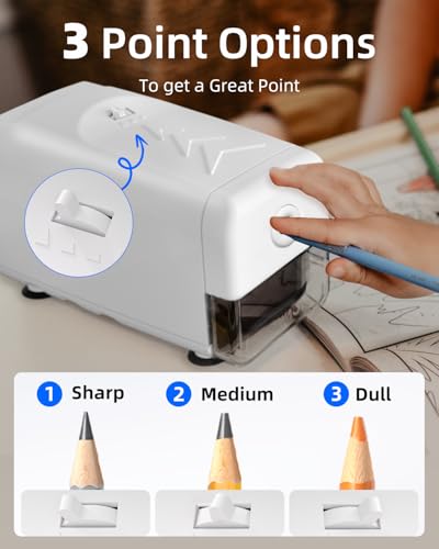 ZMOL Electric Pencil Sharpener, Heavy Duty Classroom Plug-in Sharpener, 10000 Uses, 3 Sharpness Settings, Auto Stop, Fast Sharpening for 6.5-8mm Coloured Pencils, Teachers/Kids/School/Desktop, White