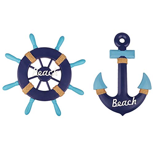 Meching-2-Pack-13-Nautical-Beach-Wooden-Ship-Wheel-and-13-Wood-Anchor-with-Rope-Nautical-Boat-Steering-Rudder-Wall-Decor-Door-Hanging-Ornament-Beach-Theme-Home-DecorationNavy-Blue Meching 2 Pack 13" Nautical Beach Wooden Ship Wheel and 13" Wood Anchor with Rope Nautical Boat Steering Rudder Wall Decor Door Hanging Ornament Beach Theme Home Decoration(Navy Blue)