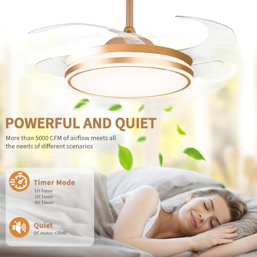 Ventilador de Teto 107CM Dourado, Inverter de 6 Velocidades, Ventilador de Teto com Controle Remoto, 4 Pás, Diâmetro da Lâmpada 49cm, Controle Remoto, LED 72W 3 Cores Altermáveis