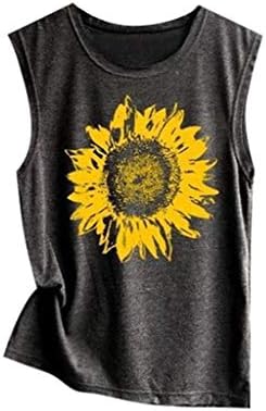 Women Sleeveless Sunflowe Print Shirt Casual Loose Tank Top Soft Comfortable Top Dark Gray