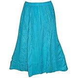 Mogul Interior Women's Flared Skirt Blue Rayon Maxi Skirts Trendy Fall Fashion