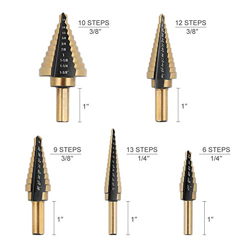 image for COMOWARE Step Drill Bit Set & Automatic Center Punch- Black and Gold, 