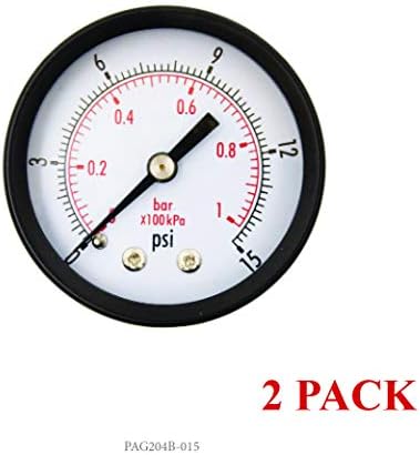 2" Dial Utility Pressure Gauge for Air Compressor Water Oil Gas, 1/4" NPT Center Back Mount, Black Steel Case, 0-15 PSI