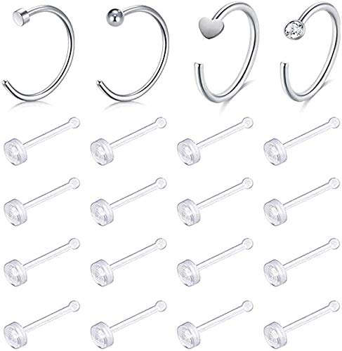incaton 20G Clear Nose Rings Studs Nose Hoop Stainless Steel & Acrylic Bioflex Flexible Nose Piercings Retainers 0.8mm