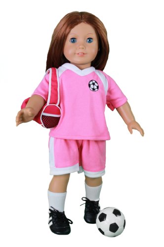 Soccer Outfit for American Girl and 18" Dolls - 6 pc Clothes Set w Shorts, Shirt, Socks, Cleats, Sports Bag, and Ball