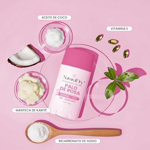 NaturalDry - ARTESANAL - Desodorante Natural Mujer - No obstruye los poros - Hidrata tu piel - SIN ALUMINIO - Elimina el mal olor - Aroma Palo de Rosa - Barra (1 unidad)