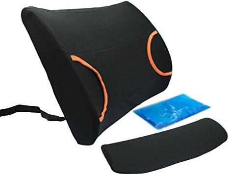 Warm / Cool Lumbar Support Cushion - Helps Relieve Prevent Back Pain with Hot/Cold Gel Insert - Lower Back Support Cushion for your Home, Office Chair and Car - NEW Ergonomic Design with 3D Cool Mesh Fabric (Orange Trim)