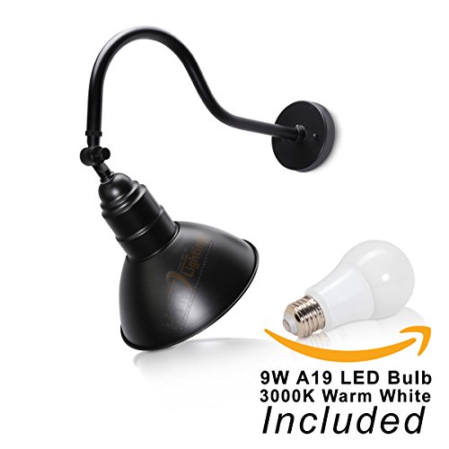 10″ Black Barn Light Fixture with Adjustable 19 3/4″ Gooseneck Arm and 9W A19 LED Bulb Included – 800 lumens – Indoor/Outdoor Use – Sign Lighting – LED Wall Lamps (3000K Warm White)
