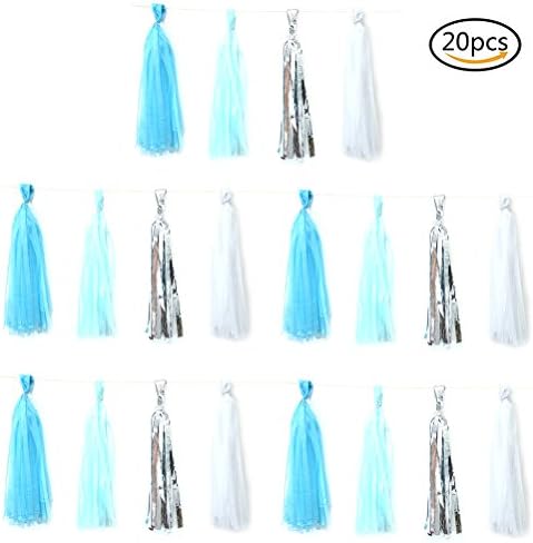 20 Pcs Tissue Paper Tassel Paper Garland Tassel Banner for DIY Party Decoration 13.7 Inch Long (Silver-dark blue-light blue-white)