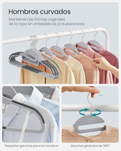 SONGMICS 50 Perchas de Plástico, Antideslizantes, Ahorro de Espacio, 41,5 cm de Largo, Gancho Giratorio 360º, Gris Claro y Gris Oscuro MCRP41G-50