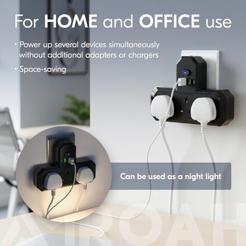 AMROAH Multi Socket 7 in 1 with Night Light, Universal Multi Plug Socket with 3 AC Outlets UK/UAE, Wall Mount Multi Plug with USB Ports, 2 USB A 2 USB C for Home Office Travel