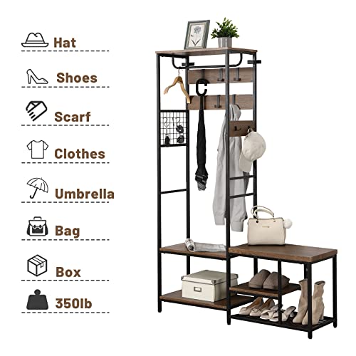 Hall Tree with Shoe Bench, 5in1 Entryway Coat Rack with 3