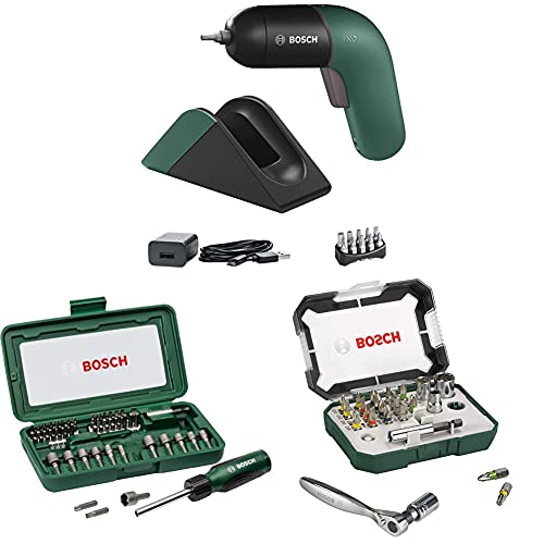 Bosch Akkuschrauber IXO grün + Bosch 46tlg. Schraubendreher Set + Bosch 26tlg. Schrauberbit- und Ratschen-Set