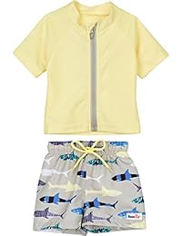 SwimZip Boy Zipper Short Sleeve Rash Guard Swimsuit Set | Shark Feast Yellow 2T