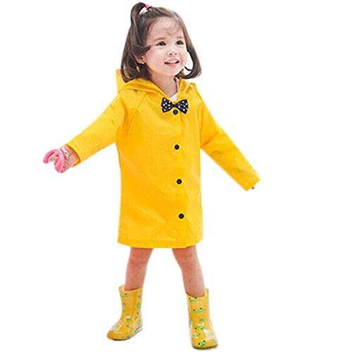 Flashing boy Age 2-10 Years Kids Hooded Button Down Long Jacket Bow Rainwear Lightweight Raincoat (Yellow, Age9-10years) - Thumbnail 2