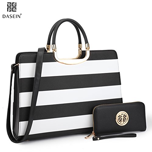 Dasein Designer Purse Stripes Satchel Handbag PU Leather Purse Top Handle Handbags (XL2828 stripe 2PCs- Black/White)